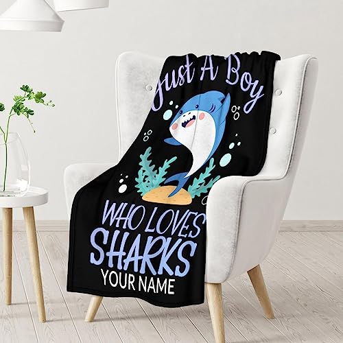 Personalized Shark Blanket Gifts with Name - 50"x60" Cute Throw Blanket for Boys - Black Soft Fuzzy Blankets for Bed, Couch & Living Room