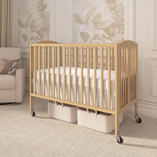 Image of Dream On Me Folding Full Size Convenience Crib In Natural, Two Adjustable Mattress Height Positions, Comes With Heavy Duty Locking Wheels, Flat Folding
