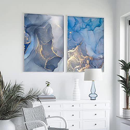 Peinture Toile Marbre Bleu Or Abstrait Moderne Salon 70x100cm - 3