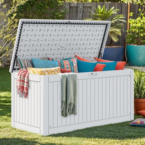 DWVO 320 Gallon Resin Outdoor Storage Box XXL Double-Wall Waterproof Deck Box with Divider Doubles as Table or Seating with 1000 lbs Capacity Lockable (Grayish-White)
