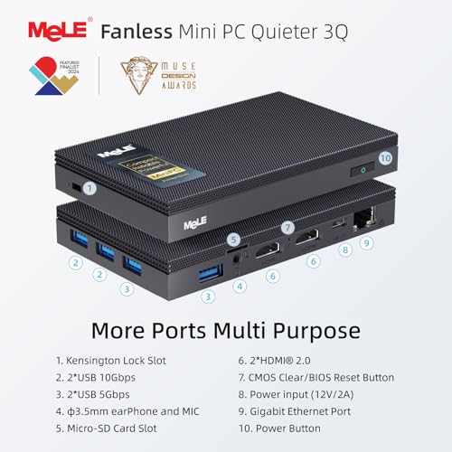 Image of MeLE Fanless Mini PC Quieter3Q 11th Gen N5100 8GB 256GB, Micro Computer WiFi 5 Small Desktop Service with USB-C PD, Gigabit Ethernet, Dual HDMI 4K, Auto Power on, PXE Support M.2 SSD