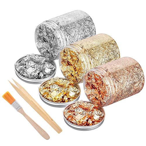 30 Grams Gold Gilding Leaf Flakes with Tweezers, Brush, 3 Bottles Metallic Foil Flakes for Resin Painting Arts,Crafts Nails,Slime and Resin Jewelry Making,10g Per Color(Gold, Silver, Copper Colors)