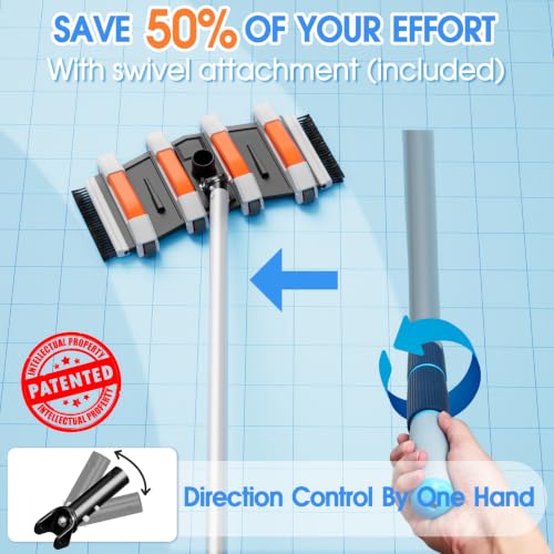 Image of TidyMister Flexible Weighted Pool Vacuum Head, Extra-Wide, Swivel Handle | 3.2LB,Side and Bottom Brushes,Non-Slip Wheels,Vinyl,Fiberglass and Concrete Pools,Fits 1-1 /2in Hoses and 1.25in Poles,Orange