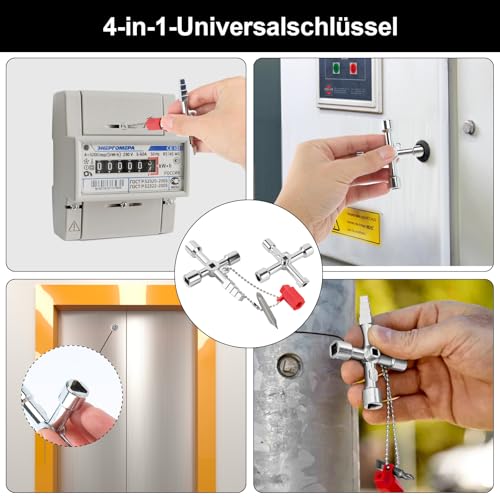 Annickee 9 Stück Universalschlüssel Wasserhahn Schlüssel, 4-Wege Service-Kreuz Universalschlüssel, mit Dreieck Schlüssel, Runder Schlüssel und Karabiner, für Stromzähler, Wasserzähler, Aufzüge