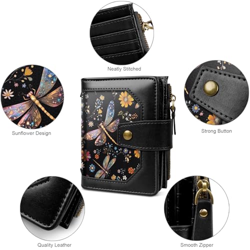 Image of Women Wallet Bifold RFID Blocking Small Credit Card Holder Leather Wallets Cards Case Ladies Purse with Zipper, Dragonfly
