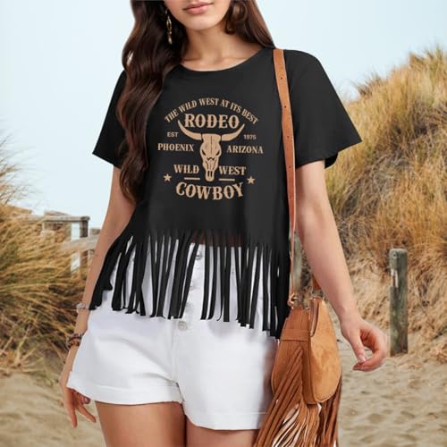 Western Rodeo Fringe Shirts for Women Cowgirl Cowboy Tshirt Cow Skull Vintage Country Music Graphic Tees Tassel Tops2