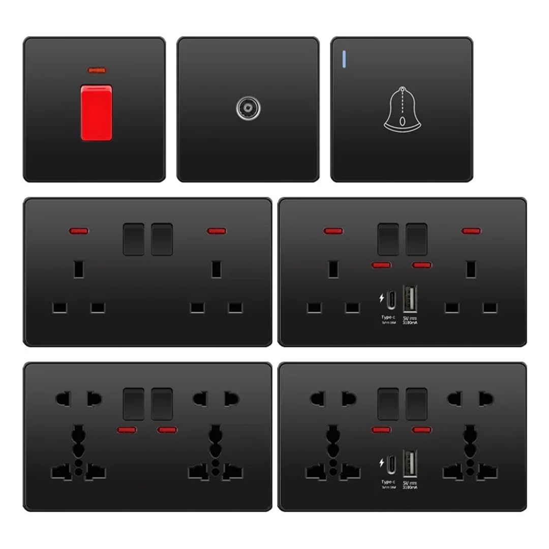 UK Schwarz USB Typ-C 18W Smart Schnelle Lade Buchse Doppel 5-Pin Power Stecker 220V Wand Licht Schalter 13A Buchse Strom 16A Schalter Strom
