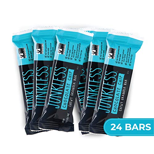 JUNKLESS Chewy Granola Bars, Chocolate Chip, 24 bars (6 x 1.1 oz bars/box – 4 boxes), Non-GMO, low sugar, great tasting, made for kids & families