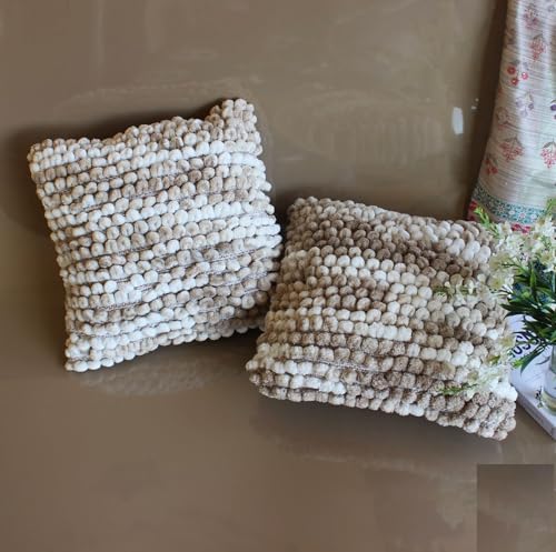 Image of Monstera Hut Boho POM POM Light Wheat Cushion Cover Pack of 1, (Cushion Cover 16x16inch) (40.6 x 40.6 cm) - Combo (Pack of 2)