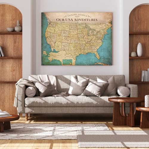 Image of DECORARTS - Oversized Push Pin Travel Map USA, Extra Large US Maps for Wall, Antique Old United States Pin Board Canvas, Giclee Print, Handcrafted in USA, 40x30''