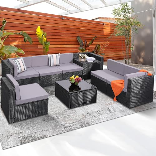 KROFEM 8 Pieces Outdoor Wicker Rattan Patio Furniture Sectional Set, Glass Top Table with Hidden Storage, 7 Sofa Sections, Oversized Cushions, Black Color Rattan with Light Grey Cushion