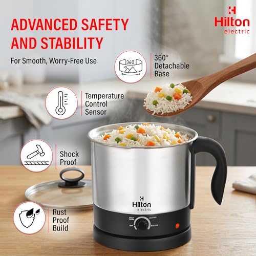 Image of Hilton 600W Multipurpose Electric Kettle with Steamer, Stainless Steel Body, Cool Touch Handle, Auto Shut-Off for Boiling Eggs, Water, Milk, Noodles & Soup, 1.5Ltr, Black & Silver