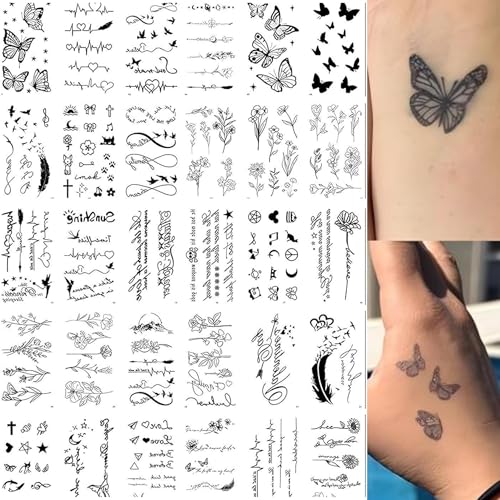 30 PCS Temporary Tattoos Fine Line Fake Tattoos for Body Art Realistic Removable Tattoo Stickers with Flowers Leaves Words & Patterns Waterproof Festival Tattoos for Women & Men