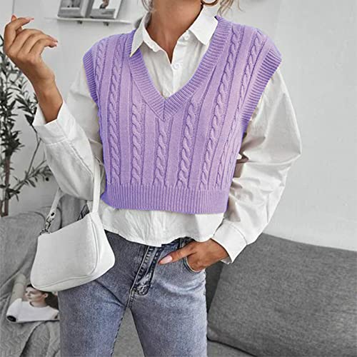 Uodsvp Sweaters For Teen Girls, Sweater Vest V Neck Sweater Vest Women Neck Cable Knit Sweater Vest Women's Casual V-Neck Pullover Shirt Collision Color Sleeveless Sweater Vest Girls (4Xl, G-Purple) #TOP1