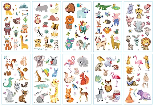 Neoreser Tatuajes Temporales, 10 Hojas Pegatinas de Tatuaje Para Niños Niñas, Calcamonias para Niños Tatuajes, Tatuajes Niños para Niñas Niños Regalos de Fiesta Cumpleaños, Animal Style