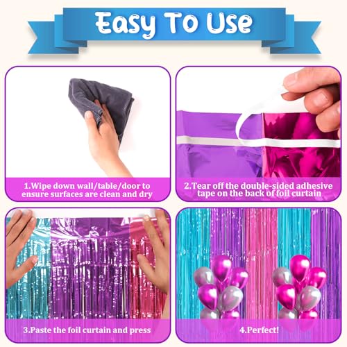 Image of Voircoloria 2 Pack Blue Purple Pink Foil Fringe Backdrop Curtains, Tinsel Streamers Party Decorations, Fringe Backdrop, Door Shimmer for Mermaid or Birthday Party