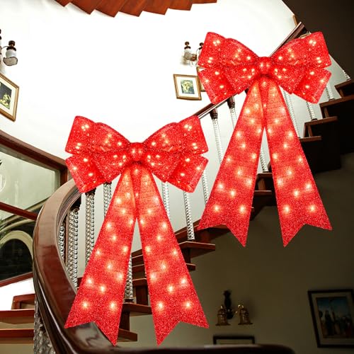 Liliful 2 Pcs 23.6 x 48 Inch LED Christmas Wreath Bows Extra Large Red Glitter Bows 72 LED Lights Wreath Huge Bow Door Wall Xmas Tree Topper Decor for Indoor Outdoor Winter Xmas Party