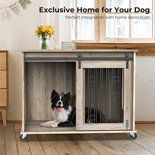 Lyromix Dog Crate Furniture With Divider For 2 Small To Medium Pets, Wooden Cage End Table, Heavy Duty Indoor Puppy Kennel With Removable Divider And Sliding Door, Grey, 39.37'W*25.2'D*28.94'H #TOP5