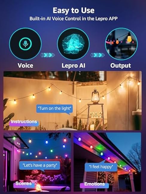 Lepro ZB1 AI Smart Outdoor String Lights APP Control, 54(42+12) ft RGB+IC+Warm White Outdoor Lights 15 LED Bulbs, Alexa Google Enabled, AI Generated Lighting LLM, NO Remote, 2.4 GHz WiFi+Bluetooth