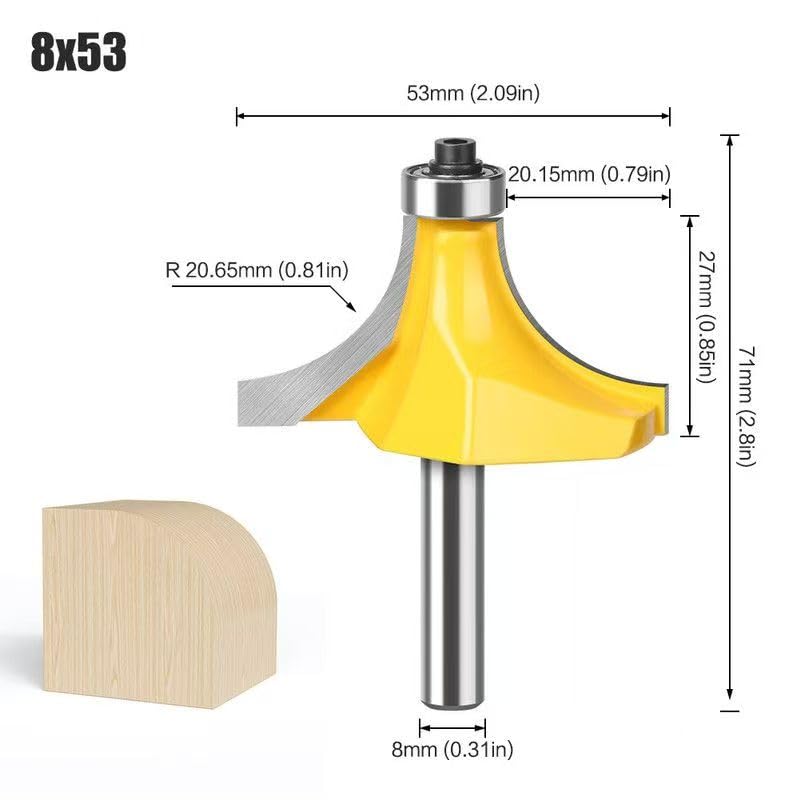 Fraise d'aplanissement à chanfrein de 8 mm - Fraise pour arrondir les coins et les bords pour le travail du bois - Rayon R15,9/20,65/25,15 mm - Carbure de tungstène à micro-grains C3 - Compatible avec