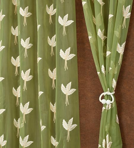 littlelotus Leaf Pattern Embroidery Tissue Net Sheer Transparent Curtains for Window 5 feet Long Set of 2, Green