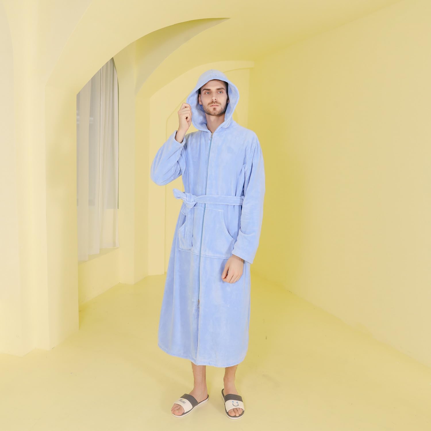 Peignoir Chaud en Polaire à Capuche avec Fermeture éclair et Ceinture pour Homme et Femme - Manteau épais pour l'automne et l'hiver