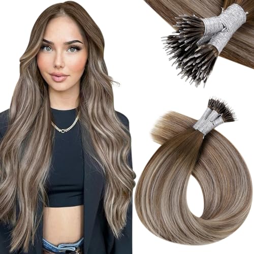 Vivien Nano Hair Extensions Balayage Nano Beads Hair Extensions Real Human Hair Darker Brown Ombre to Light Brown Mixed Blonde Nano Ring Hair Extensions 50g/50s #3/8/24 14 Inch