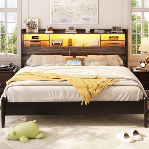 Image of Aheaplus Headboard for Queen Size Bed with Storage, Black Oak | Headboards with LED Light, Power Outlets, USB Ports Queen Size Head Board, Wood headboard Only Sturdy and Stable Headboards