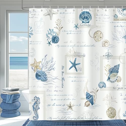 Bonhause Nautical Shower Curtain, Coastal Beach Seashell Starfish Seahorse Retro Stamp Bathroom Curtain 72 x 72 Inch Polyester Fabric Waterproof Bath Curtain with 12 Hooks