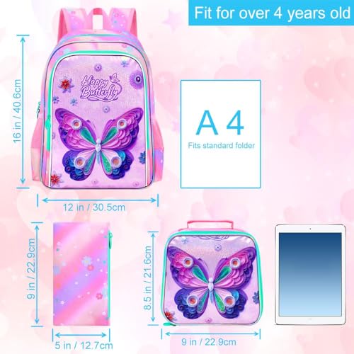 Image of CCJPX 3Pcs Butterfly Backpack, 16 inch Kids Girls Bookbag with Lunch Box, Water Resistant Elementary School Bag for Kindergarten Preschool Toddler (Pink)