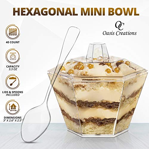 Oasis Creations Hexagonal Mini Bowl-Lids & Spoons Included- 3.3 Ounce -40 Count -Clear Plastic - Six Sided Bowl - Flower Cup-Mini Dessert Cup- Serving Bowl -Snack Bowl-Disposable Or Reusable #TOP1