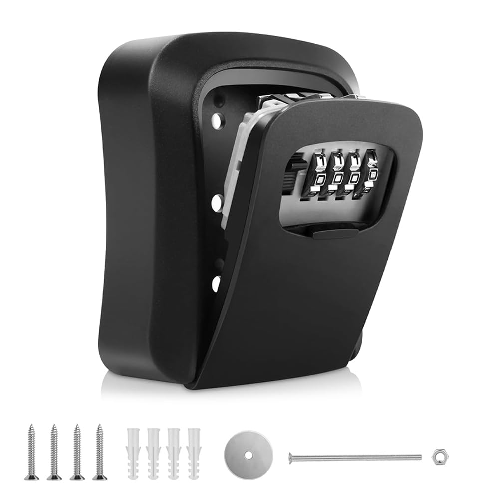 Basuit Key Safe Box, Wall Mounted 4 Digit Combination Key Storage,Portable Safe Lock Box Outdoor, Waterproof and Security-Key Cabinet Safe for Keys & Access Cards(Black)
