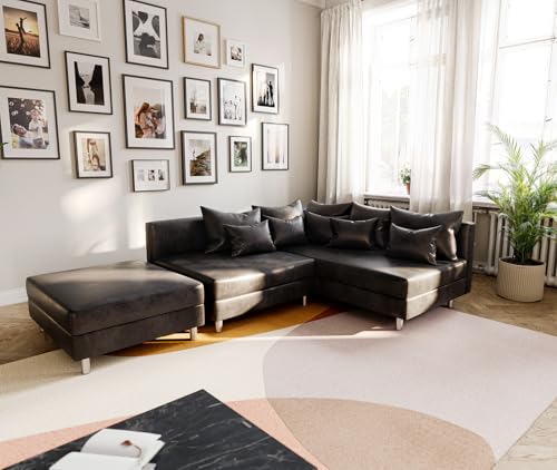 DELIFE Eckcouch Clovis Anthrazit Antik Optik mit Hocker Ottomane Rechts Ecksofa Modular
