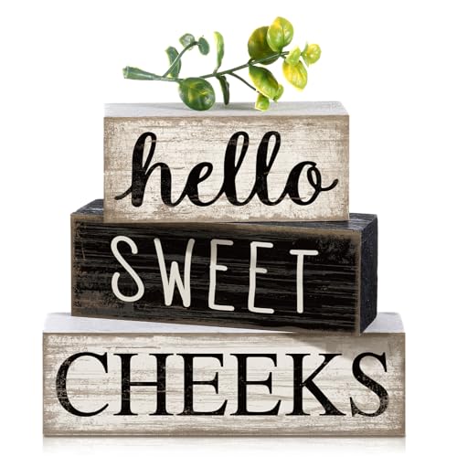 Image of Moucuny 4 Pcs Bathroom Shelf Decor Hello Sweet Cheeks Sign Farmhouse Bathroom Decor and Accessories Rustic Eucalyptus Leaves Wood Block Sign Gift Sweet Home Table Centerpiece for Home Office