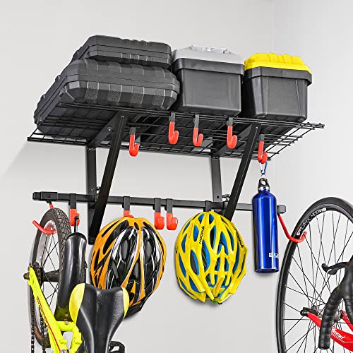Image of PLKOW Garage Wall Shelving 1 Pack Includes 2 Bike Hooks, Wall Shelves Garage Organizer with Vertical Bike Hanger, Powder Coated Steel (1 Pack)