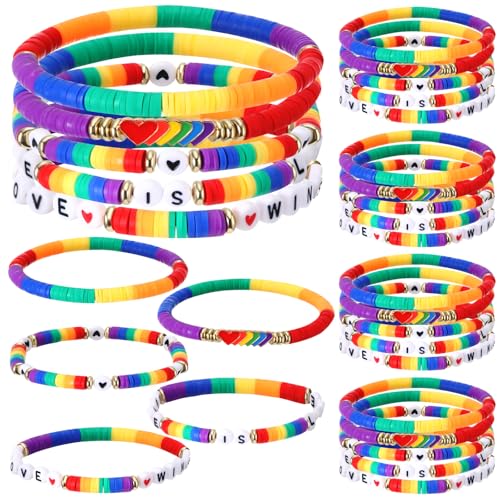 Tondiamo 30 Pcs Rainbow Gay Pride Bracelets LGBT Support Wristbands for Pride Day Month Parades Decorations Party Supplies