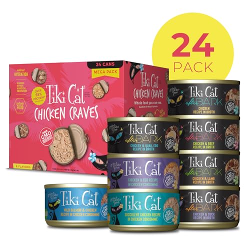Image of Tiki Cat Wet Cat Food Mega Pack, Chicken Craves Variety Pack, 2.8 oz. Cans (24 Count) | High-protein Nutrition, Real Shredded Chicken, Grain and Potato Free, High-moisture Broth, 2.8 Oz. Cans (24 Count)
