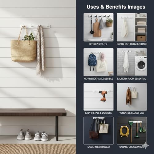 Image of SOSSI 4-Pin Cloth Hanger, Wall Mounted Hook Rail with 4 Hooks for Bathroom, Kitchen, Key Holder, Cloth-Towel Hanger, Robe Hooks Pack of 2 (White Finish)