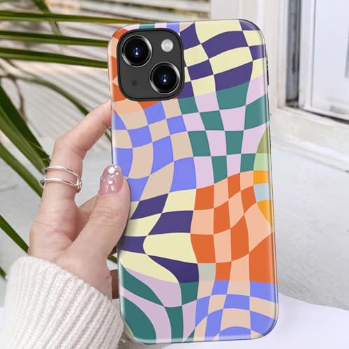 Goodon for iPhone 14 Plus Case - Wireless Charging - Dual-Layer Hard Shell & Silicone Cover - Protective Phone Case with Cute Wildflower Designs for Women - Colorful Checker Mosaic - image 3