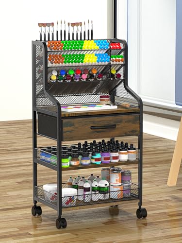 Beroun Rolling Art Cart 3 Tier Craft Cart with Wheels and Storage Drawer Metal Utility Cart Organizer for Drawing Room Home Office Studio for Storing Brushes Paints and Storage Supplies