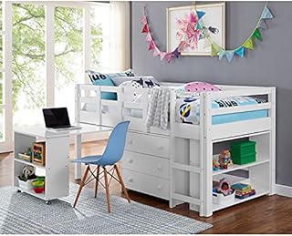 Twin Size Loft Bed with Desk Low Study Kids Twin Loft Bed with Desk and Storage Low Loft Bed Twin for Kids Twin Loft Bed with Cabinet Ladder, Safety Guard Rails, Bookcase Shelf by Naomi Home, White