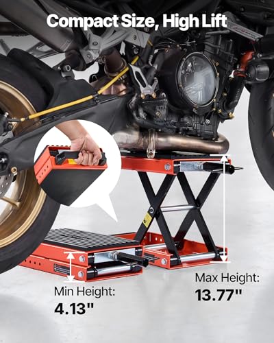 Image of VEVOR Motorcycle Lift, 1500 lbs Motorcycle Scissor Lift Jack with Wide Deck & Lock Pin, 4.13 inch-13.77 inch Center Hoist Crank Stand, Steel Scissor Jack for Street Bikes, Cruiser Bikes, Touring Motorcycles