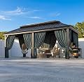 HOTEEL Gazebo 12x20 on Clearance with Metal Roof, Heavy Duty Hardtop Gazebo with Flame-Retardant Curtain & Netting, Outdoor Gazebos with Galvanized Steel Double Roof for Party,Patio Black