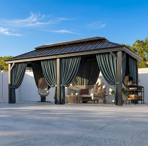 Image of HOTEEL Gazebo 12x20 on Clearance with Metal Roof, Heavy Duty Hardtop Gazebo with Flame-Retardant Curtain & Netting, Outdoor Gazebos with Galvanized Steel Double Roof for Party,Patio Black