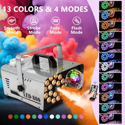 Máquina de Humo con Luz Bola Disco, 800W y 4500CFM con 18 Luces LED de 13 Colores, Control Remoto Inalámbrico miniatura 2