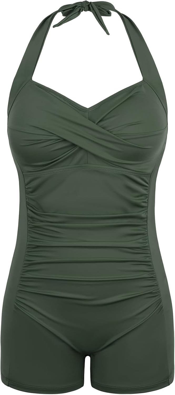 Womens Boyleg One Piece Swimsuit Ruched Tummy Control Bathing Suits with Shorts Halter Athletic Swimwear - Image 5