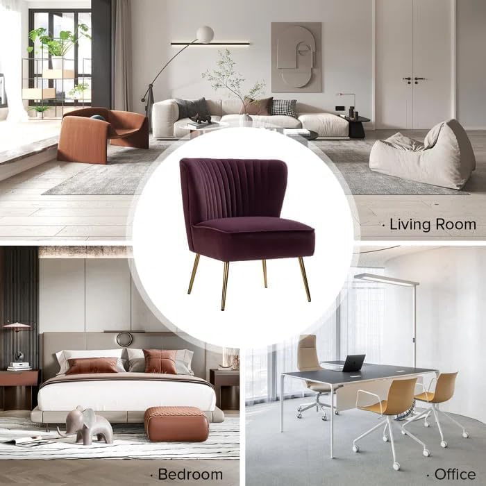 Image of Modern Upholstered Accent Velvet Chair Single Seater Channel Tufted Wing Back Chair with Golden Matel Legs for Living Room, Bedroom, Dining Room, Purple