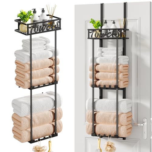HapiRm Towel Rack Bathroom Storage – 3 Tier Over The Door & Wall Mounted Rolled Towel Racks Holder Organizer with Metal Shelf and 6 Hooks for Small Bathroom, Camper, Rv – Black