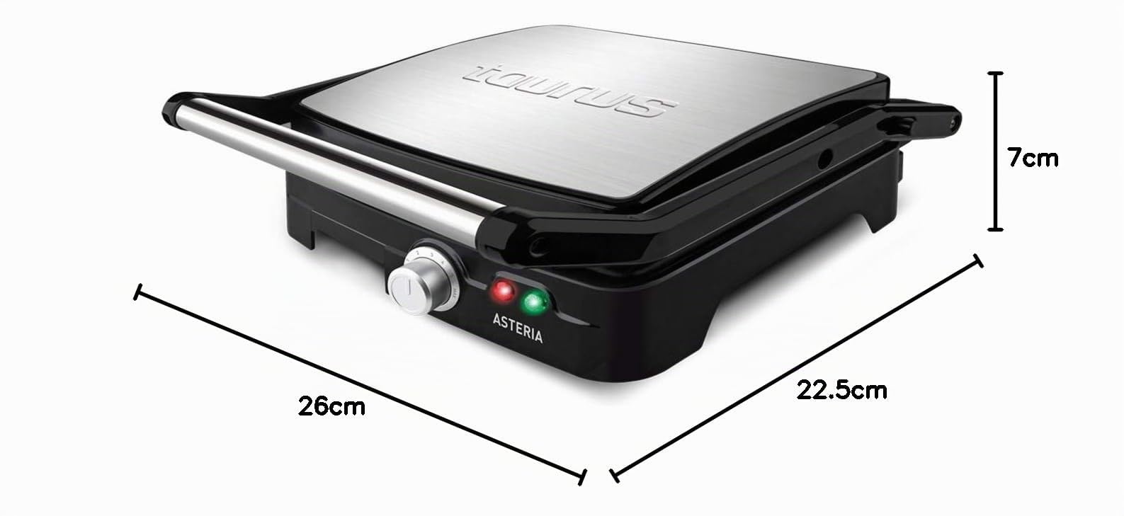 Taurus Asteria - Grill y plancha de asar, 2200W, placas de 28 x 22 cm, parrilla eléctrica con regulador de temperatura, apertura 180º, asa de toque frío, antiadherente libre de PFOA, Negro/Inox