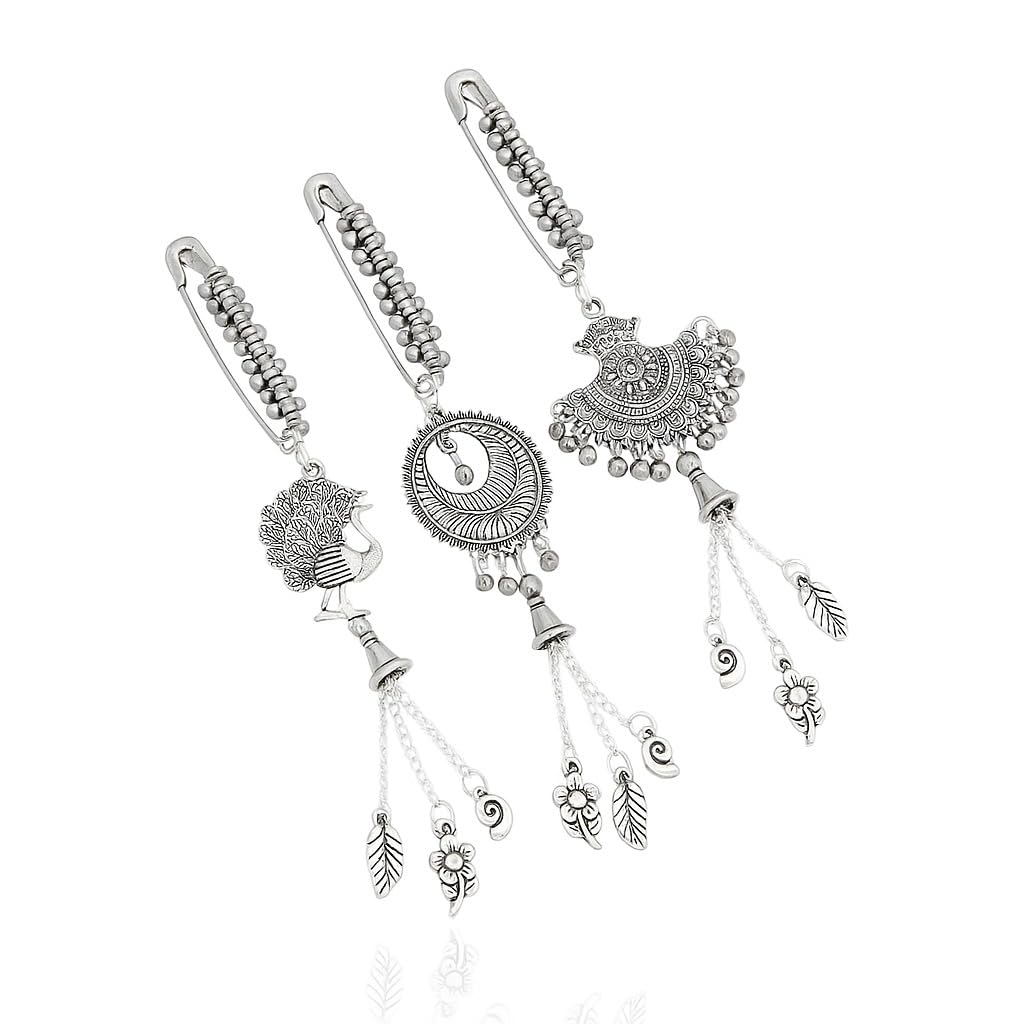 Handcrafted Oxidized Plated Saree Pin Set with Hanging Charm Brooches-image-23